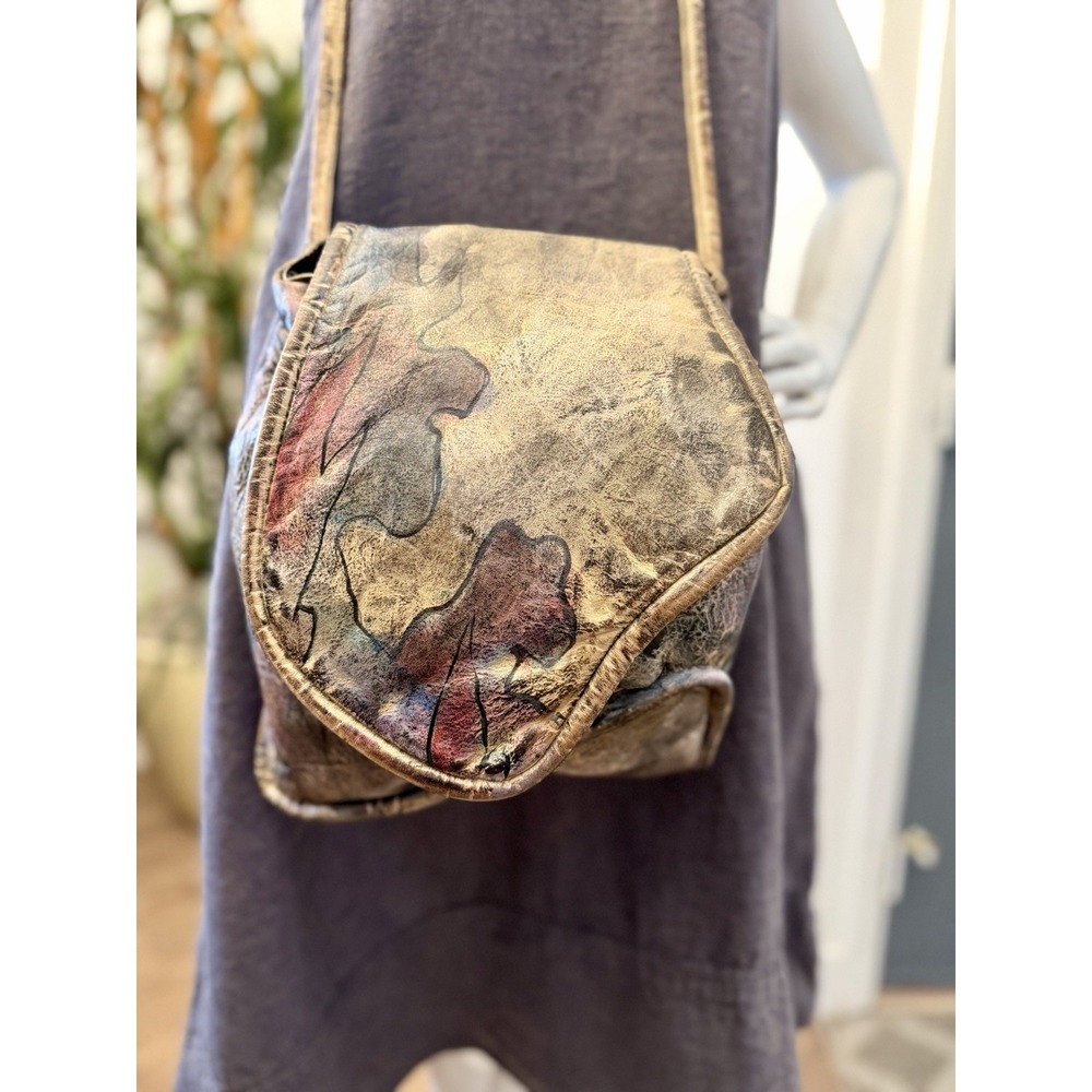 VTG Jane Yoo Handpainted Purse Shoulder Bag Leather Signed Wearable Art Boho 80s